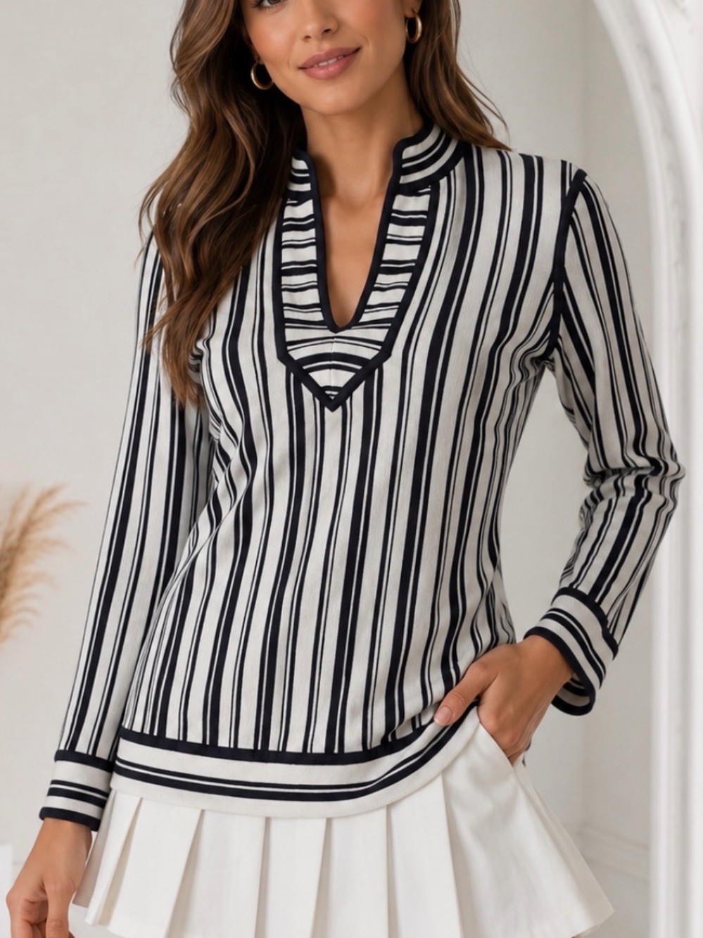 Tory Burch Black and Ivory Cotton Striped Knit Tunic